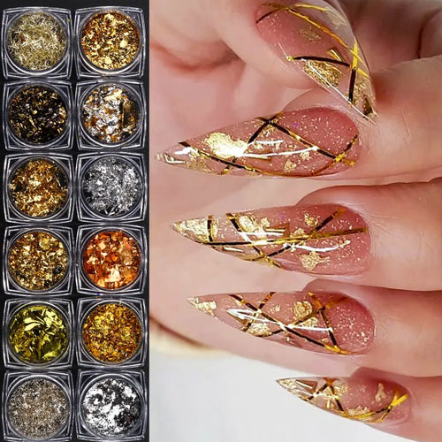 12Boxes Golden Silvery Foil Paper Irregular Aluminum Sticker Flakes Glitter Paillette Chip Metallic Sequins Manicure Dcoration